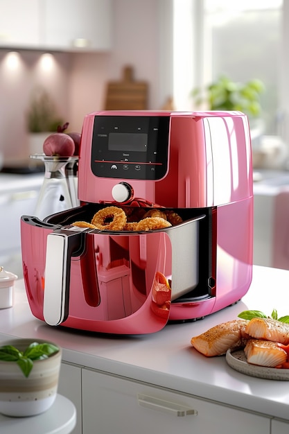 View of modern air fryer with food