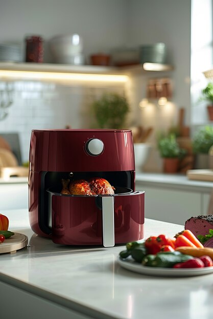 View of modern air fryer with food