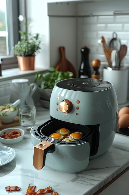 View of modern air fryer with food