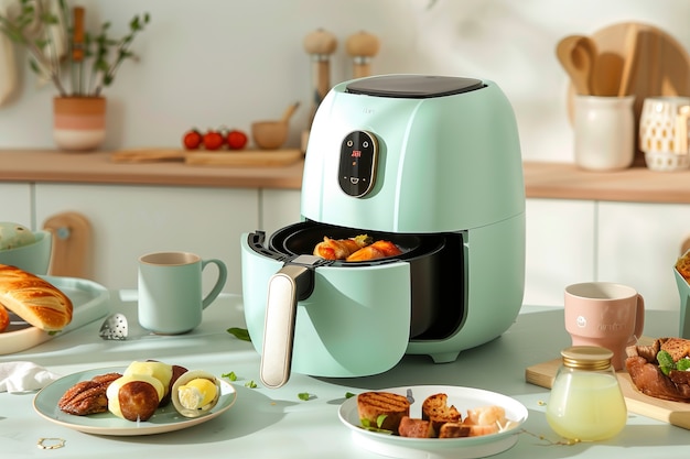 Free photo view of modern hot air fryer with cooked food