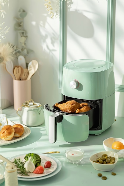 Free photo view of modern hot air fryer with cooked food