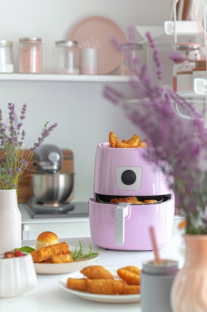 Free photo view of modern hot air fryer with cooked food