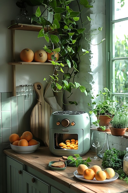 View of modern hot air fryer with cooked food