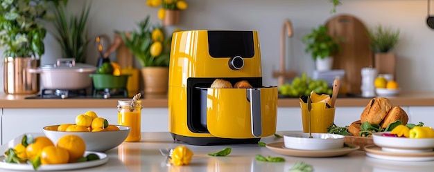 View of modern hot air fryer with cooked food