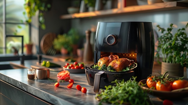 Free Photo view of modern hot air fryer with cooked food