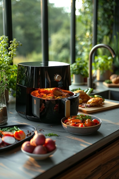 Free Photo view of modern hot air fryer with cooked food