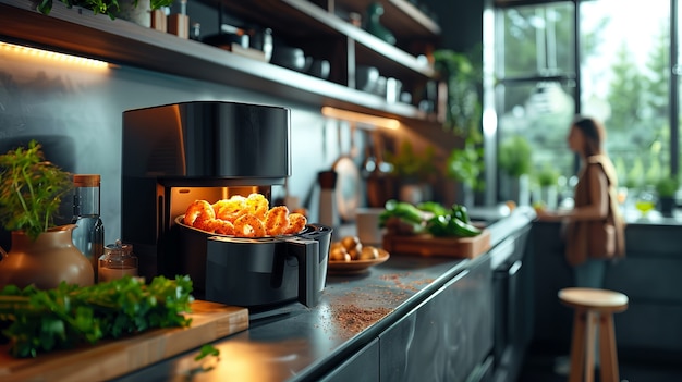 Free Photo view of modern hot air fryer with cooked food