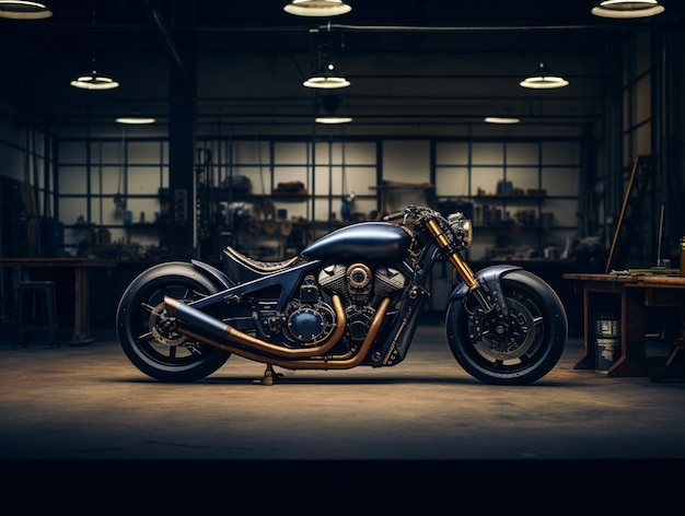 View of motorcycle in the garage or warehouse