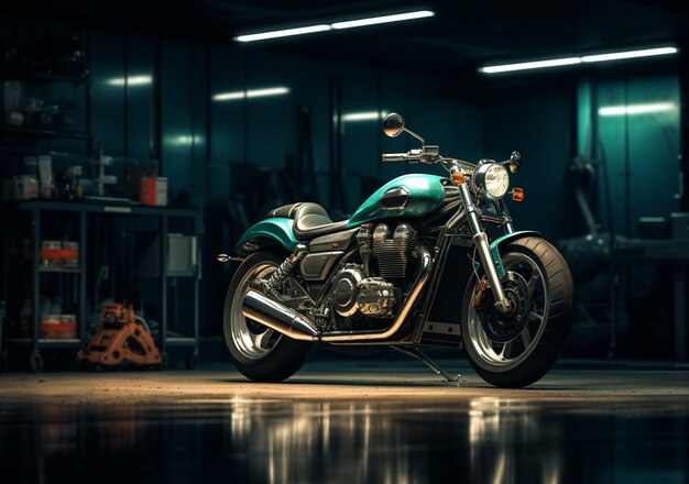 View of motorcycle in the garage or warehouse