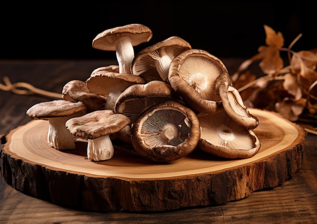 Free photo view of mushrooms on wooden tree trunk plank