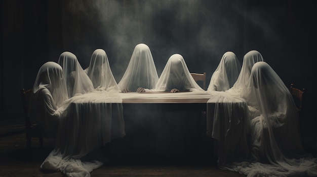 Free photo view of mysterious entities in a dark foggy room with sheets over them