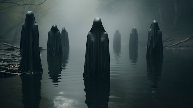 View of mysterious entities on foggy lake