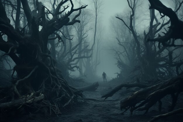 View of mysterious foggy forest