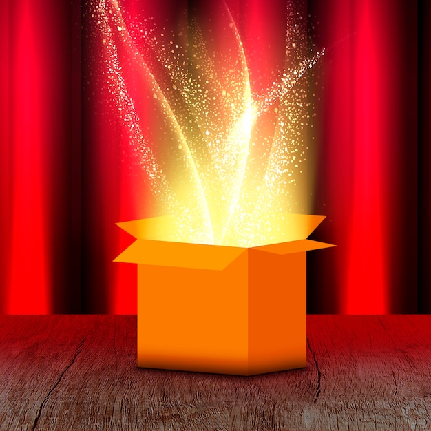 Free photo view of mystery cardboard box with gleaming light coming from inside