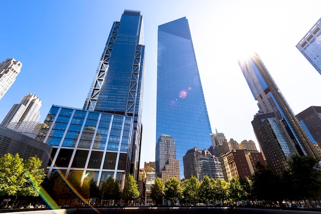 View of the National September 11 Memorial and Museum in New York USA Skyscrapers