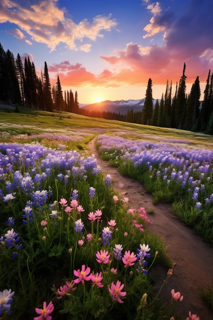 Free photo view of nature landscape with flowers field