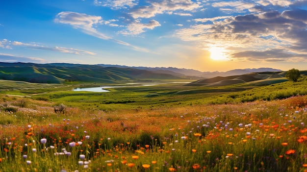 View of nature landscape with flowers field