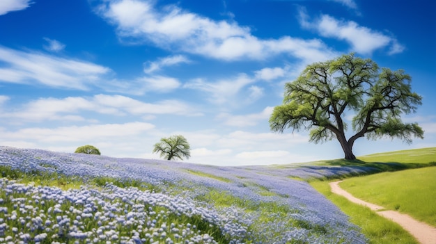 View of nature landscape with flowers field