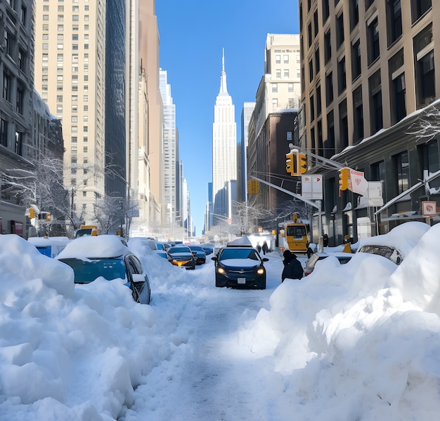 View of new york city in winter with snow