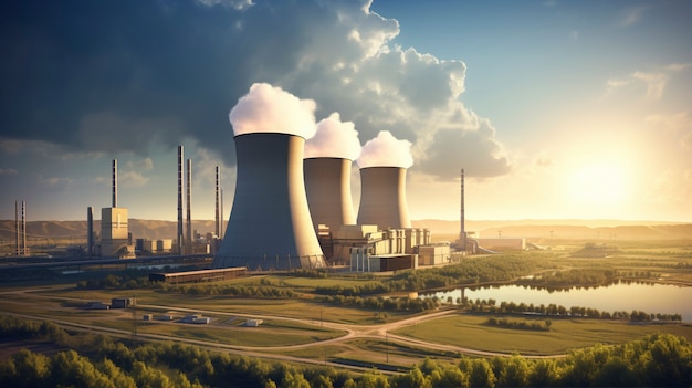 View of nuclear power plant with steaming towers