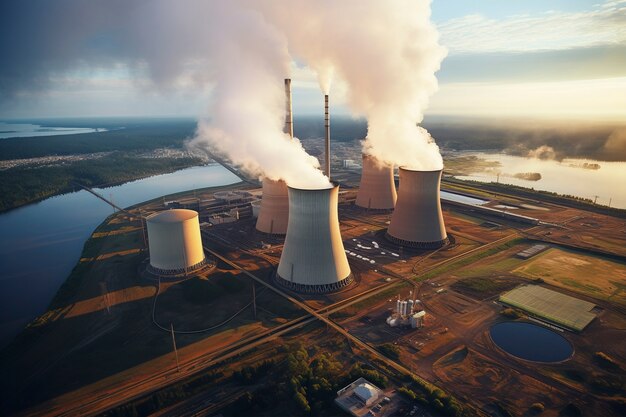 View of nuclear power plant with towers letting out steam from the process