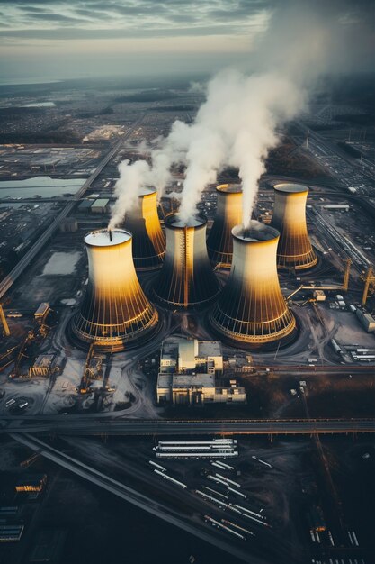 View of nuclear power plant with towers letting out steam from the process