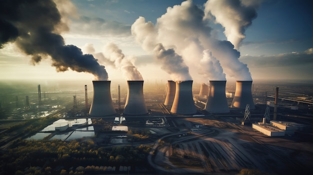 Free photo view of nuclear power plant with towers letting out steam from the process