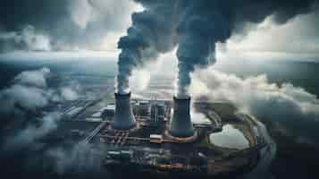 Free photo view of nuclear power plant with towers letting out steam from the process