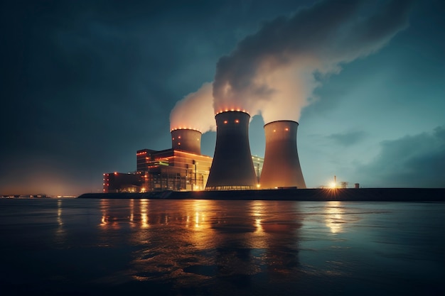 View of nuclear power plant with towers letting out steam from the process