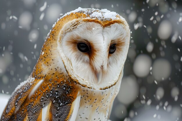 View of owl in cold environment with dreamy aesthetic