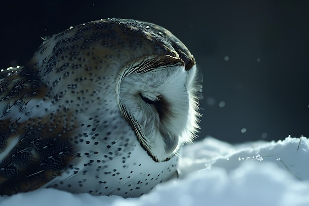 View of owl in cold environment with dreamy aesthetic