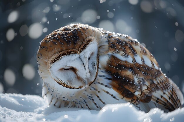 View of owl in cold environment with dreamy aesthetic