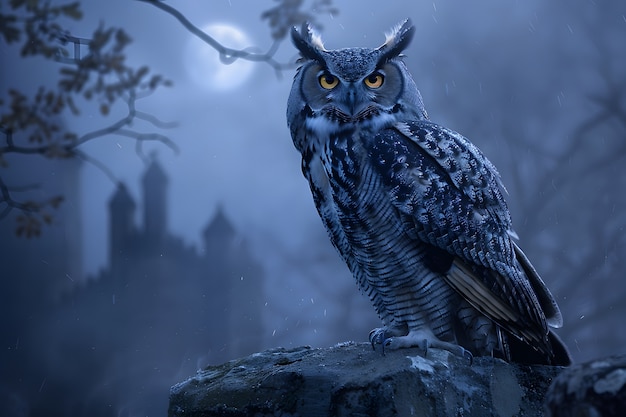 View of owl in cold environment with dreamy aesthetic