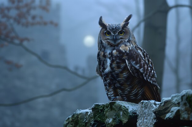 View of owl in cold environment with dreamy aesthetic