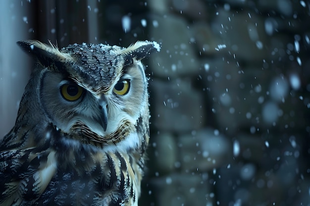 View of owl in cold environment with dreamy aesthetic