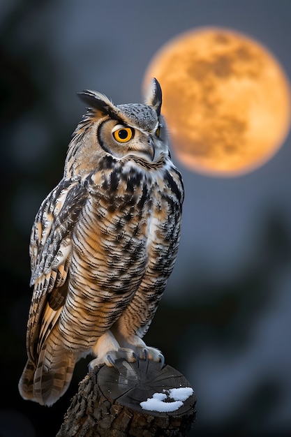 View of owl in cold environment with dreamy aesthetic