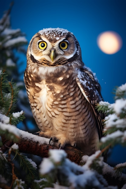 Free photo view of owl in cold environment with dreamy aesthetic