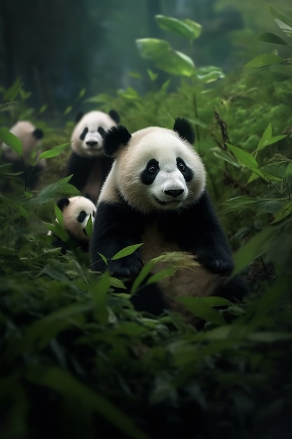 View of panda bear with cubs in nature