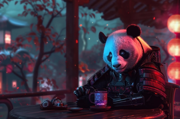 Free photo view of panda bear with robotic tech parts