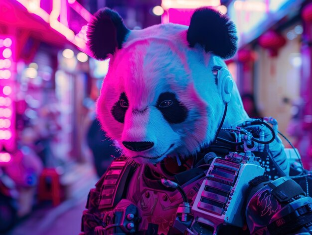 View of panda bear with robotic tech parts