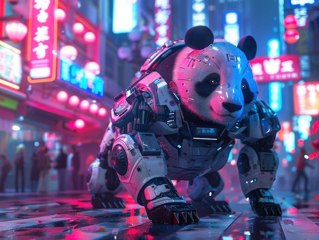 View of panda bear with robotic tech parts