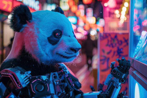 View of panda bear with robotic tech parts