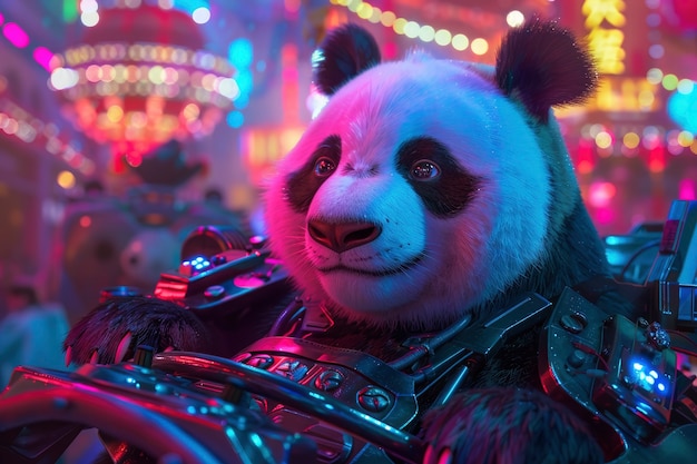 View of panda bear with robotic tech parts