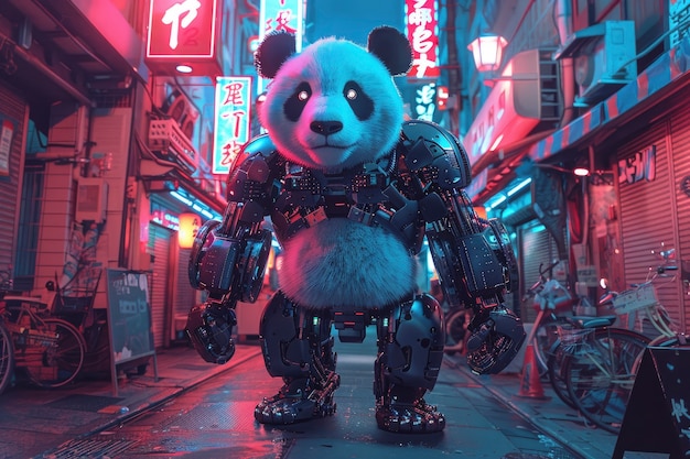 Free photo view of panda bear with robotic tech parts