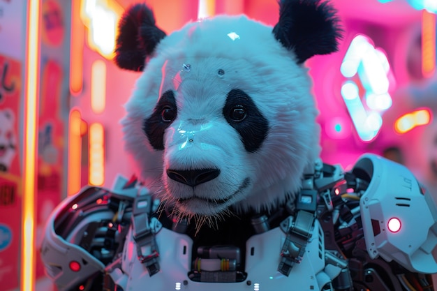 View of panda bear with robotic tech parts