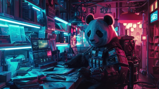 View of panda bear with robotic tech parts