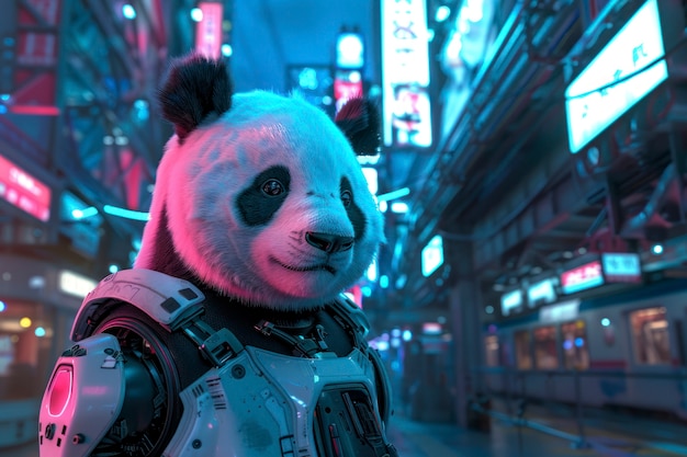 Free photo view of panda bear with robotic tech parts