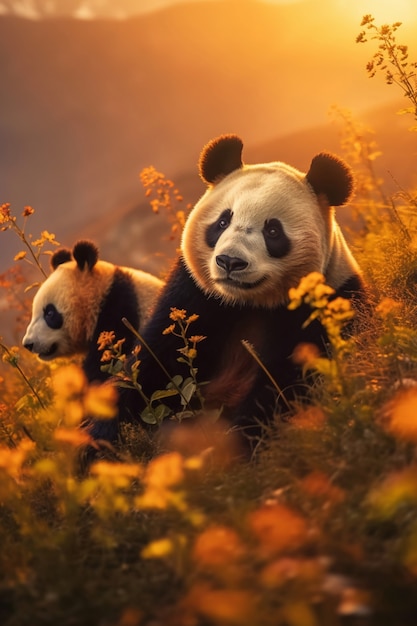 Free photo view of panda bear with small cub in nature