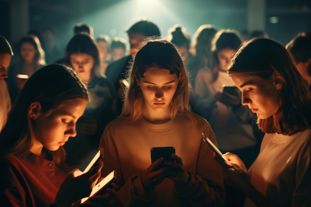 View of people addicted to their smartphone looking and scrolling through the screens