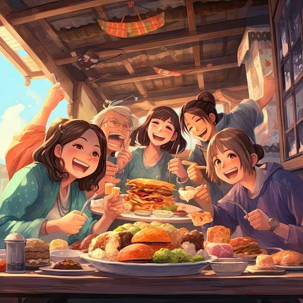 Free Photo view of people enjoying delicious food for reunion dinner in anime style